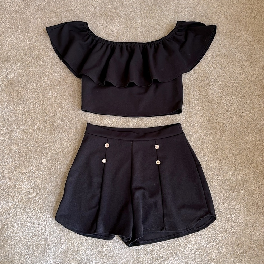 Ruffle Top and High Waisted Bottoms Set Black Gold buttons
